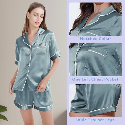 SIIK 100% Mulberry Silk Pajamas Set for Women - 2 Piece Lingerie Sets, Lounge Sleepwear Women Sets, Steel Blue Large in Saudi Arabia
