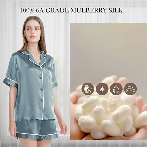 SIIK 100% Mulberry Silk Pajamas Set for Women - 2 Piece Lingerie Sets, Lounge Sleepwear Women Sets, Steel Blue Large in Saudi Arabia