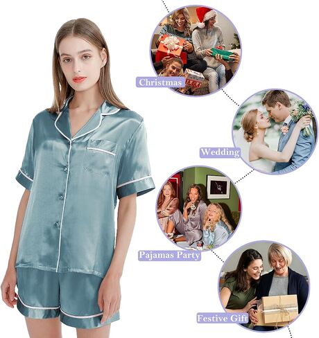 SIIK 100% Mulberry Silk Pajamas Set for Women - 2 Piece Lingerie Sets, Lounge Sleepwear Women Sets, Steel Blue Large in Saudi Arabia