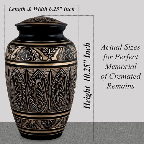 جرة حرق الجثث للبالغين من Forever URNS مع لمسة نهائية من النحاس الأسود محفورة يدويًا للرماد البشري للإناث والذكور | 200 متر مكعب في | كبير | بلاك جولدن | مصنوعة يدوياً بالكامل مع حقيبة مخملية (تصميم 2) in Kuwait