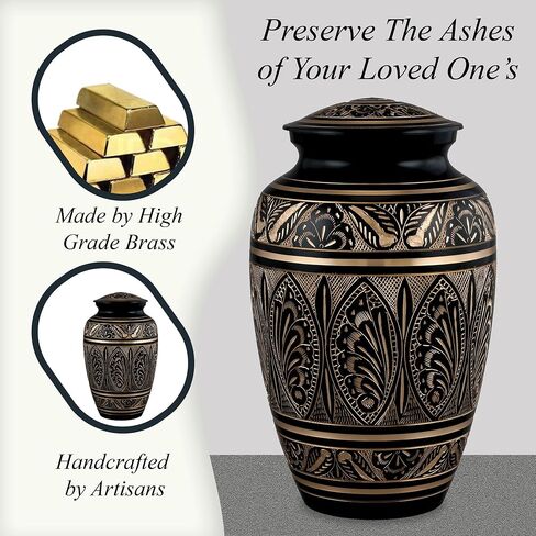 جرة حرق الجثث للبالغين من Forever URNS مع لمسة نهائية من النحاس الأسود محفورة يدويًا للرماد البشري للإناث والذكور | 200 متر مكعب في | كبير | بلاك جولدن | مصنوعة يدوياً بالكامل مع حقيبة مخملية (تصميم 2) in Kuwait