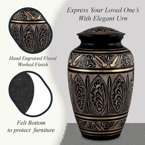 جرة حرق الجثث للبالغين من Forever URNS مع لمسة نهائية من النحاس الأسود محفورة يدويًا للرماد البشري للإناث والذكور | 200 متر مكعب في | كبير | بلاك جولدن | مصنوعة يدوياً بالكامل مع حقيبة مخملية (تصميم 2) in Kuwait