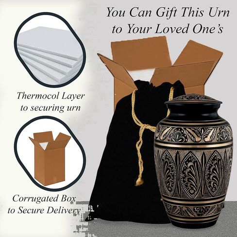 جرة حرق الجثث للبالغين من Forever URNS مع لمسة نهائية من النحاس الأسود محفورة يدويًا للرماد البشري للإناث والذكور | 200 متر مكعب في | كبير | بلاك جولدن | مصنوعة يدوياً بالكامل مع حقيبة مخملية (تصميم 2) in Kuwait