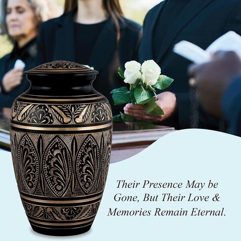 جرة حرق الجثث للبالغين من Forever URNS مع لمسة نهائية من النحاس الأسود محفورة يدويًا للرماد البشري للإناث والذكور | 200 متر مكعب في | كبير | بلاك جولدن | مصنوعة يدوياً بالكامل مع حقيبة مخملية (تصميم 2) in Kuwait