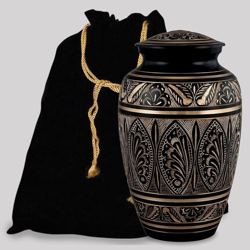 جرة حرق الجثث للبالغين من Forever URNS مع لمسة نهائية من النحاس الأسود محفورة يدويًا للرماد البشري للإناث والذكور | 200 متر مكعب في | كبير | بلاك جولدن | مصنوعة يدوياً بالكامل مع حقيبة مخملية (تصميم 2) in Kuwait