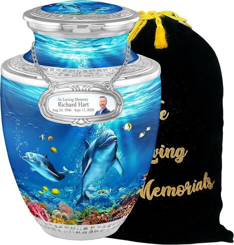 Personalized Medallion Dolphin Freedom Cremation Urns for Adults - 200lbs Burial Urns - Handcrafted Funeral Decorative Urns for Adults with Velvet Bag in Saudi Arabia