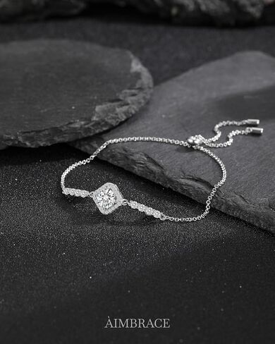 ÀIMBRACE Moissanite Bracelets for Women: Moissanite Link Charm Bracelet, 925 Sterling Silver/18K White Gold Plated/Rhodium Finish, Adjustable Slider Clasp, Cushion Halo, Jewelry Gift Ideas for Women in Saudi Arabia