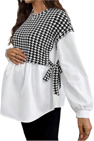 بلوزة نسائية من MakeMeChic مطبوعة بنقشة Houndstooth وياقة دائرية وأكمام طويلة للحمل في الربيع in Kuwait