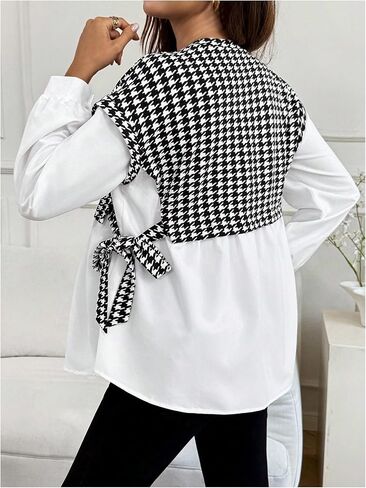 بلوزة نسائية من MakeMeChic مطبوعة بنقشة Houndstooth وياقة دائرية وأكمام طويلة للحمل في الربيع in Saudi Arabia