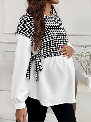 بلوزة نسائية من MakeMeChic مطبوعة بنقشة Houndstooth وياقة دائرية وأكمام طويلة للحمل في الربيع in Saudi Arabia