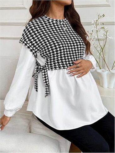 بلوزة نسائية من MakeMeChic مطبوعة بنقشة Houndstooth وياقة دائرية وأكمام طويلة للحمل في الربيع in Saudi Arabia