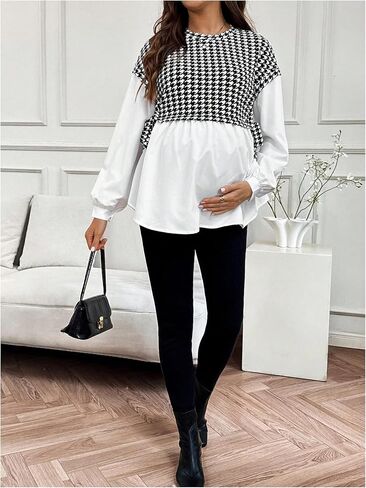 بلوزة نسائية من MakeMeChic مطبوعة بنقشة Houndstooth وياقة دائرية وأكمام طويلة للحمل في الربيع in Saudi Arabia