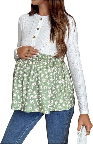MakeMeChic Women's Maternity Shirts Crew Neck Button Up Long Sleeve Boho Top Blouse Maternity Clothes in Saudi Arabia