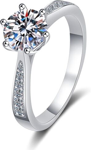 StarGems 0.5-3 قيراط مويسانيتي 925 فضة مطلية بالبلاتينيوم وشريط زركونيا كلاسيكي ذو ستة شوكات HB4551 in Kuwait