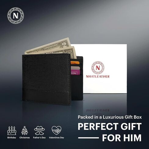 Real Leather Mens Leather Wallet Bifold RFID Blocking Slim Minimalist Front Pocket With 5 Card Slots, 1 ID Window & 1 Cash Pocket - Includes Gift Box in Saudi Arabia