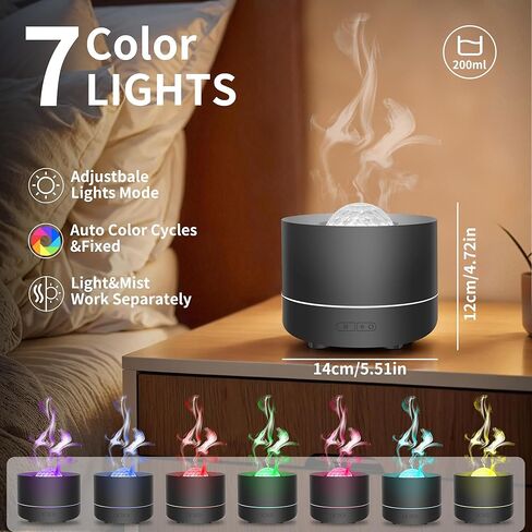 موزع روائح الزيوت العطرية، ناشر روائح العلاج العطري لهب النار مع 7 ألوان LED، مرطب رذاذ بارد 200 مل، ناشر زيت مع حماية تلقائية للمنزل أو غرفة النوم أو المكتب أو المنتجع الصحي (أسود) in Kuwait