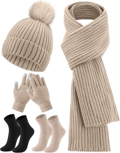 SATINIOR 5 Pieces Winter Beanie Hat Scarf Touchscreen Gloves and Thick Socks Set Knit Fleece Lined Warmer for Men and Women(Black,Pompom) in Kuwait