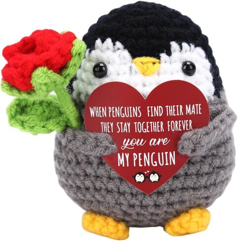 Positive Crochet Animals, Positive Crochet Penguin with Rose Flowers for Valentines Day Gifts, Birthday, Anniversary Gift,Ideal Cute Romantic Valentines Gifts for Her,Wife, Girlfriend,Couples in Saudi Arabia