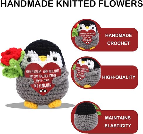 Positive Crochet Animals, Positive Crochet Penguin with Rose Flowers for Valentines Day Gifts, Birthday, Anniversary Gift,Ideal Cute Romantic Valentines Gifts for Her,Wife, Girlfriend,Couples in Saudi Arabia