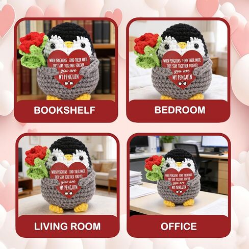 Positive Crochet Animals, Positive Crochet Penguin with Rose Flowers for Valentines Day Gifts, Birthday, Anniversary Gift,Ideal Cute Romantic Valentines Gifts for Her,Wife, Girlfriend,Couples in Saudi Arabia