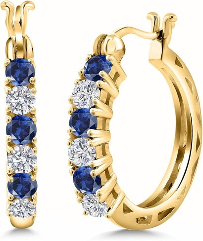 أقراط دائرية من Gem Stone King مطلية بالذهب الأصفر عيار 18 قيراطًا وفضة زرقاء مرصعة بالياقوت والماس المزروع في المختبر للنساء | 1.50 قيراط | الأحجار الكريمة جوهرة سبتمبر | جولة 3 مم in Kuwait