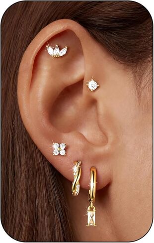M MOOHAM Stud Earrings for Women - 5 Pairs Dainty 14K Gold Plated Stud Hoop Earring Stacks Hypoallergenic Small Cartilage Earrings Sets Huggie Dangle Jewelry for Women Trendy Gifts in Saudi Arabia