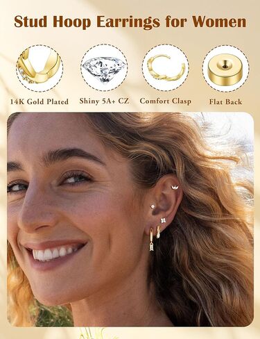M MOOHAM Stud Earrings for Women - 5 Pairs Dainty 14K Gold Plated Stud Hoop Earring Stacks Hypoallergenic Small Cartilage Earrings Sets Huggie Dangle Jewelry for Women Trendy Gifts in Saudi Arabia