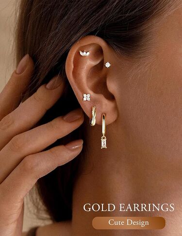 M MOOHAM Stud Earrings for Women - 5 Pairs Dainty 14K Gold Plated Stud Hoop Earring Stacks Hypoallergenic Small Cartilage Earrings Sets Huggie Dangle Jewelry for Women Trendy Gifts in Saudi Arabia