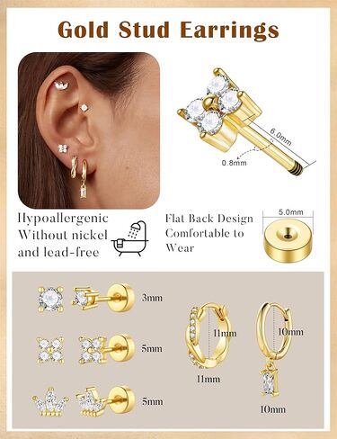M MOOHAM Stud Earrings for Women - 5 Pairs Dainty 14K Gold Plated Stud Hoop Earring Stacks Hypoallergenic Small Cartilage Earrings Sets Huggie Dangle Jewelry for Women Trendy Gifts in Saudi Arabia