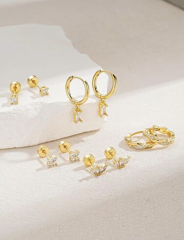 M MOOHAM Stud Earrings for Women - 5 Pairs Dainty 14K Gold Plated Stud Hoop Earring Stacks Hypoallergenic Small Cartilage Earrings Sets Huggie Dangle Jewelry for Women Trendy Gifts in Saudi Arabia