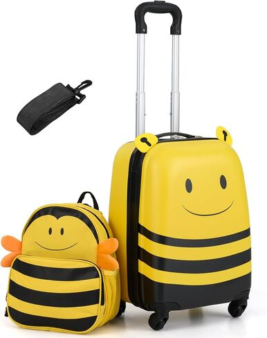Goplus 2 PC Kids Luggage Set, Carry-on 18" Rolling Suitcase w/Cute Bee Backpack, Child Safety Harness, Name Card, Airline Approved Toddler Travel Journey for Boys Girls Children in Saudi Arabia