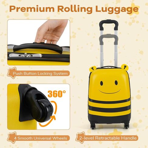 Goplus 2 PC Kids Luggage Set, Carry-on 18" Rolling Suitcase w/Cute Bee Backpack, Child Safety Harness, Name Card, Airline Approved Toddler Travel Journey for Boys Girls Children in Saudi Arabia