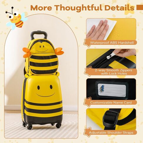 Goplus 2 PC Kids Luggage Set, Carry-on 18" Rolling Suitcase w/Cute Bee Backpack, Child Safety Harness, Name Card, Airline Approved Toddler Travel Journey for Boys Girls Children in Saudi Arabia