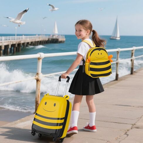 Goplus 2 PC Kids Luggage Set, Carry-on 18" Rolling Suitcase w/Cute Bee Backpack, Child Safety Harness, Name Card, Airline Approved Toddler Travel Journey for Boys Girls Children in Saudi Arabia