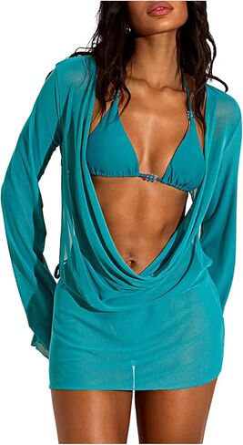 SweatyRocks Women's 3 Piece Swimsuit Halter String Triangle Bikini Sets with Cowl Neck Sheer Cover Up Dress in Saudi Arabia
