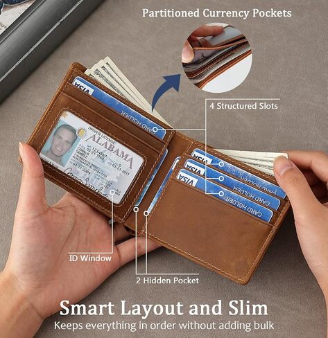 Men's Slim Bifold Wallet with RFID Blocking | Genuine Leather | Compact 4.3" x 3.5" Design | 6 Card Slots, 2 Cash Pockets & ID Window | Horizontal Front/Back Pocket Wallet with Gift Box (Brown) in Saudi Arabia