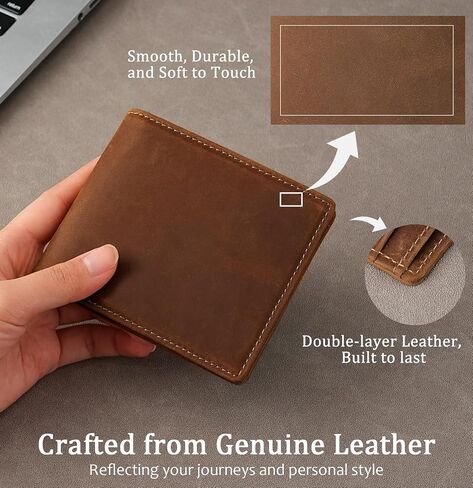 Men's Slim Bifold Wallet with RFID Blocking | Genuine Leather | Compact 4.3" x 3.5" Design | 6 Card Slots, 2 Cash Pockets & ID Window | Horizontal Front/Back Pocket Wallet with Gift Box (Brown) in Saudi Arabia