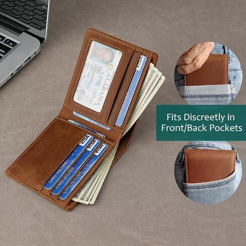 Men's Slim Bifold Wallet with RFID Blocking | Genuine Leather | Compact 4.3" x 3.5" Design | 6 Card Slots, 2 Cash Pockets & ID Window | Horizontal Front/Back Pocket Wallet with Gift Box (Brown) in Saudi Arabia