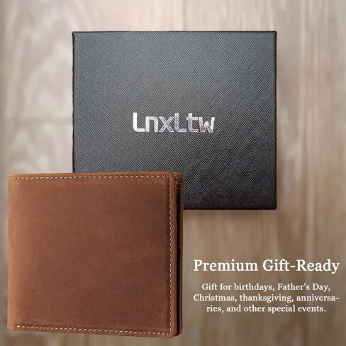 Men's Slim Bifold Wallet with RFID Blocking | Genuine Leather | Compact 4.3" x 3.5" Design | 6 Card Slots, 2 Cash Pockets & ID Window | Horizontal Front/Back Pocket Wallet with Gift Box (Brown) in Saudi Arabia