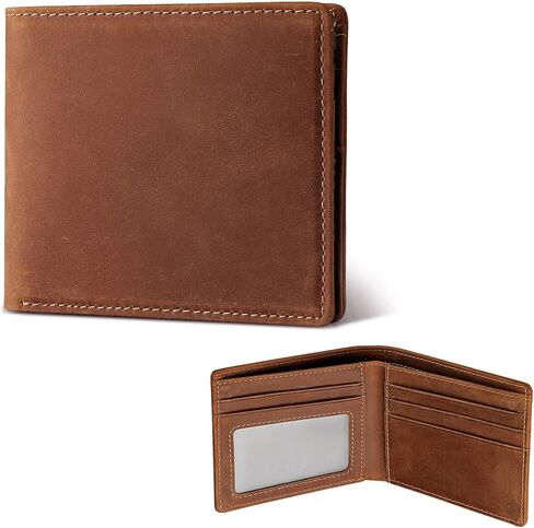Men's Slim Bifold Wallet with RFID Blocking | Genuine Leather | Compact 4.3" x 3.5" Design | 6 Card Slots, 2 Cash Pockets & ID Window | Horizontal Front/Back Pocket Wallet with Gift Box (Brown) in Saudi Arabia