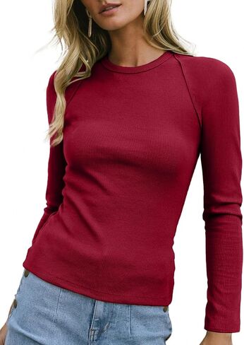 Sidefeel قمصان طويلة الأكمام للنساء 2026 ملابس الربيع Crewneck مضلع متماسكة سليم جاهزة الخروج بلايز عادية الأساسية تيز in Kuwait