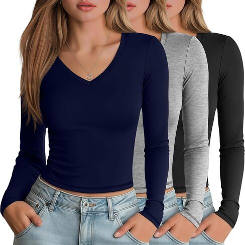 3 Pack Women's Long Sleeve Shirts V Neck Fitted Crop Tops Basic Tight Stretchy Tees Lightweight Layering Clothes in Saudi Arabia