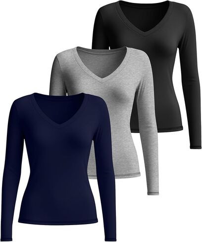 3 Pack Women's Long Sleeve Shirts V Neck Fitted Crop Tops Basic Tight Stretchy Tees Lightweight Layering Clothes in Saudi Arabia