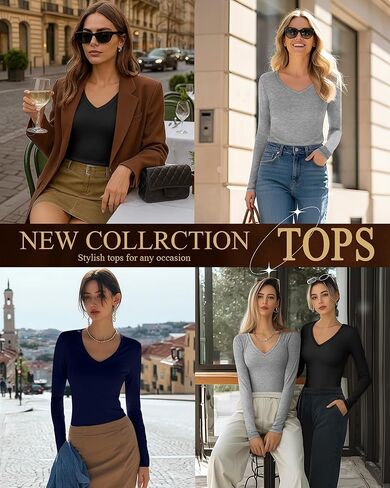 3 Pack Women's Long Sleeve Shirts V Neck Fitted Crop Tops Basic Tight Stretchy Tees Lightweight Layering Clothes in Saudi Arabia