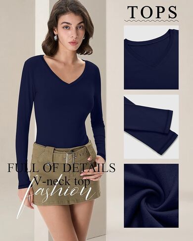 3 Pack Women's Long Sleeve Shirts V Neck Fitted Crop Tops Basic Tight Stretchy Tees Lightweight Layering Clothes in Saudi Arabia