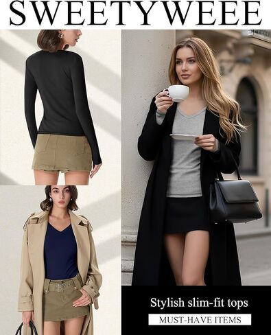 3 Pack Women's Long Sleeve Shirts V Neck Fitted Crop Tops Basic Tight Stretchy Tees Lightweight Layering Clothes in Saudi Arabia