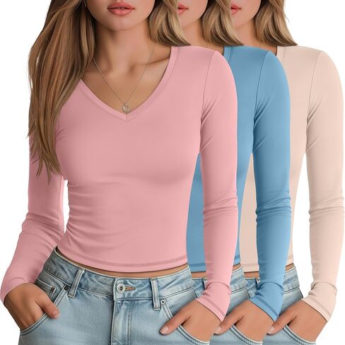 3 Pack Women's Long Sleeve Shirts V Neck Fitted Crop Tops Basic Tight Stretchy Tees Lightweight Layering Clothes in Saudi Arabia