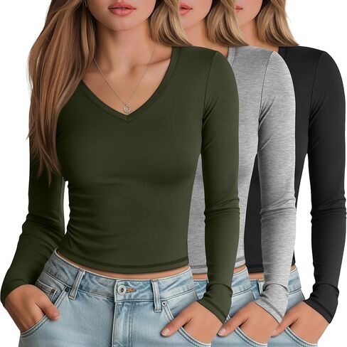 3 Pack Women's Long Sleeve Shirts V Neck Fitted Crop Tops Basic Tight Stretchy Tees Lightweight Layering Clothes in Saudi Arabia