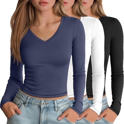 3 Pack Women's Long Sleeve Shirts V Neck Fitted Crop Tops Basic Tight Stretchy Tees Lightweight Layering Clothes in Saudi Arabia
