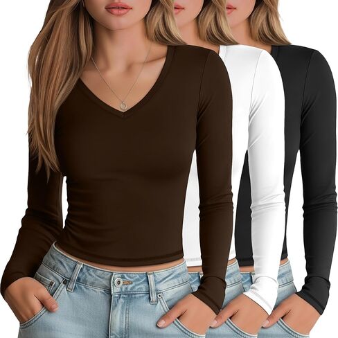 3 Pack Women's Long Sleeve Shirts V Neck Fitted Crop Tops Basic Tight Stretchy Tees Lightweight Layering Clothes in Saudi Arabia